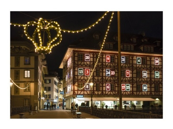 Weihnachtskarte Luzern Kramgasse Schild Adventskalenderhaus
