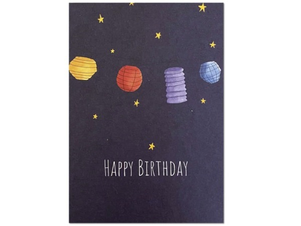 Postkarte Keitcards Happy Birthday. Dunkel blaue Postkarte aus hochwertigem Naturkarton