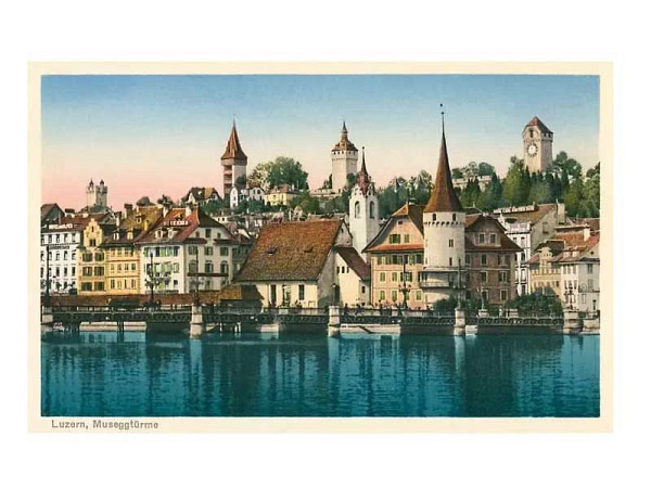 Postkarte Found Image Luzern Museggtürmen mit Vierwaldstättersee im Vordergrund