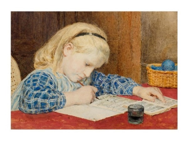 Postkarte Kunstverlag Albert Anker Schreibendes Mädchen, 10,5x14,8cm