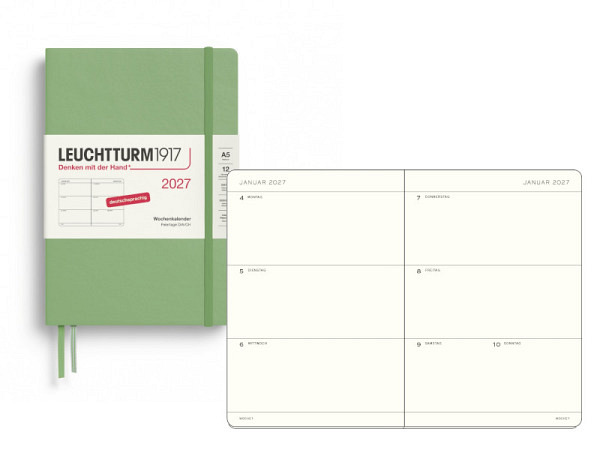Agenda Leuchtturm Medium 7 Tage auf 2 Seiten horizontal Hardcover salbei