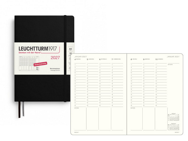 Agenda Leuchtturm Medium 7 Tage auf 2 Seiten vertikal Hardcover schwarz