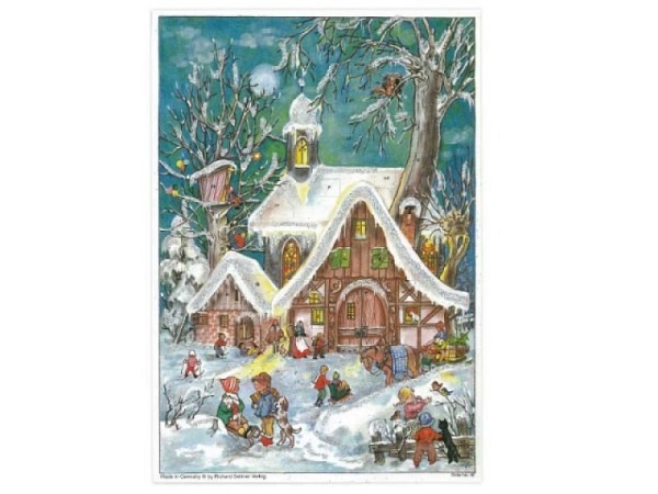 Adventskalender Sellmer Nr.48 Kirche, Kinder mit Schlitten