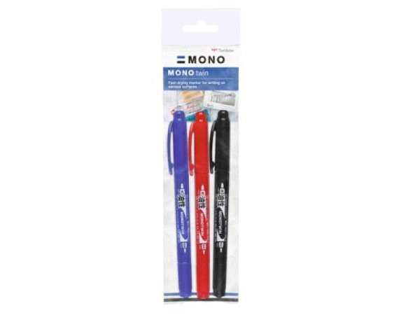Filzstift Tombow Mono 3er Set Zeichen Marker, farbig assortiert, schwarz, blau, rot,