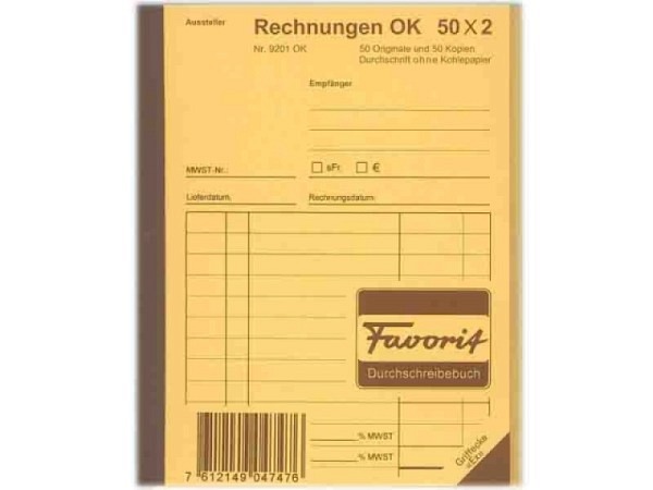 Rechnung Favorit A6 9201 OK 50x2 Blatt blau/weiss