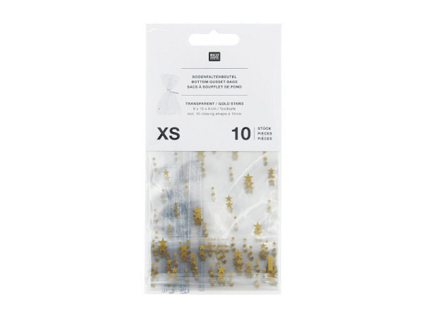 Kreuzbodenbeutel Rico Design transparent goldene Sterne XS 9x15x6cm 10Stk.