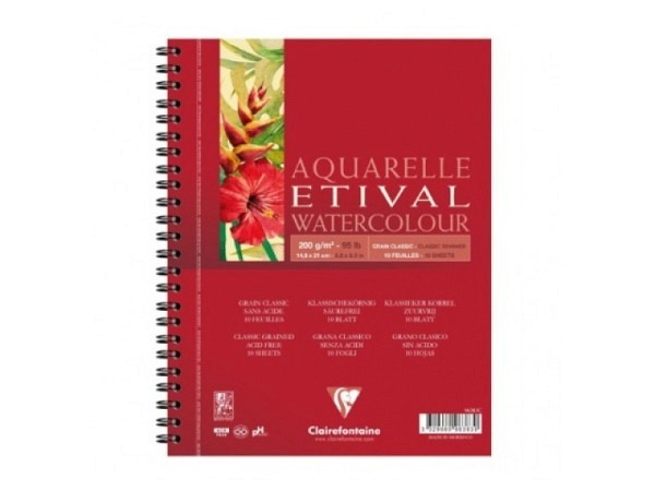 Aquarellblock Clairefontaine Etival A5, 10 Blatt 200g/qm, spiralgebunden, naturweiss, klassische Körnung, gute Haltbarkeit, geeignet für alle Aquarelltechniken, aus  100% Zellulose, säurefrei
