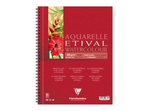 Aquarellblock Clairefontaine Etival A4, 10 Blatt 200g/qm, spiralgebunden, naturweiss, klassische Körnung, gute Haltbarkeit, geeignet für alle Aquarelltechniken, aus 100% Zellulose, säurefrei