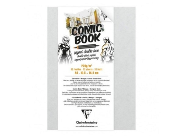 Skizzenbuch Clairefontaine Manga Comic Design A6, doppelseitiges Layout, 220g/qm, 64 Seiten, extra glatt und dickes Papier, beidseitig verwendbar, Undurchlässig für Tinte, umweltfreundlich und säurefrei