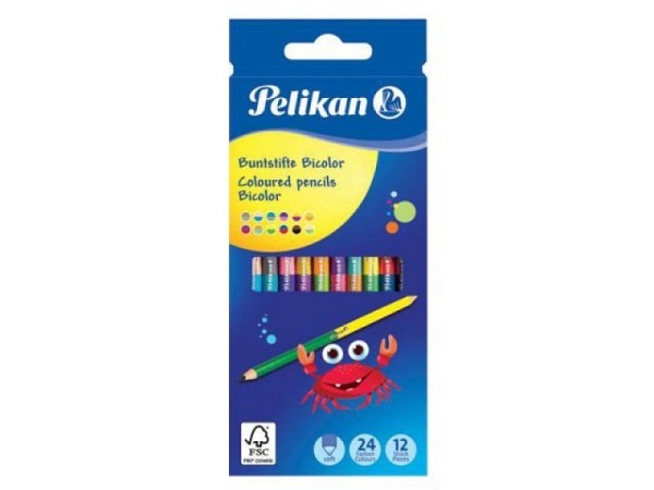 Farbstift Pelikan 12er Set im Kartonetui, zweifarbig, sechseckige Holzstifte mit Oberflächenlackierung in Minenfarbe