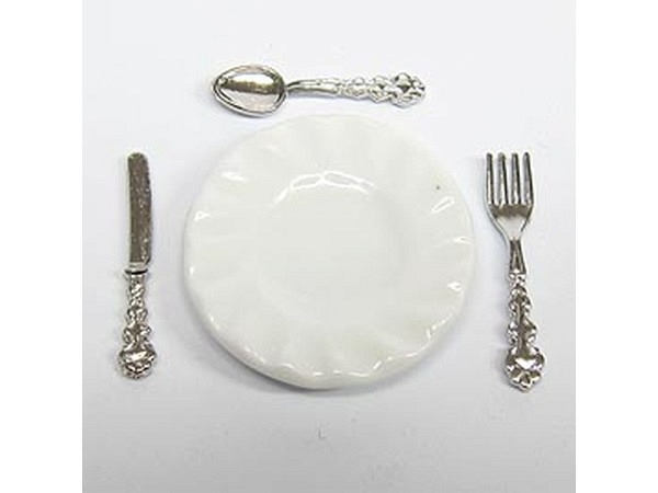 Miniatur Küche Gedeck-Set x4 Teller + Besteck