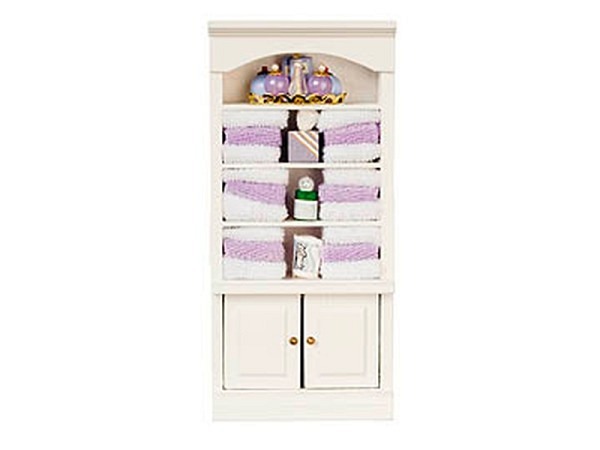 Miniatur Badezimmer Badezimmer-Schrank lila-weiss gefüllt