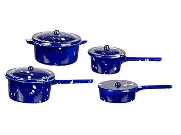Miniatur Küche Pfannenset blau 8-tlg. Grösse: 1:12