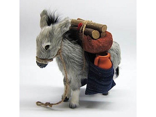 Miniatur Tierfiguren Felltier Esel beladen mit Taschen