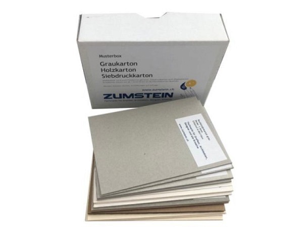Dienstleistung Musterbox Buchbinderkarton, Graukarton, Holzkarton, Siebdruckkarton
