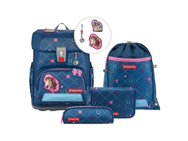 Rucksack Step by Step Cloud Horse Lima Set 5tlg, blau gemustert, Schulthek mit Massen: 28x37x20cm