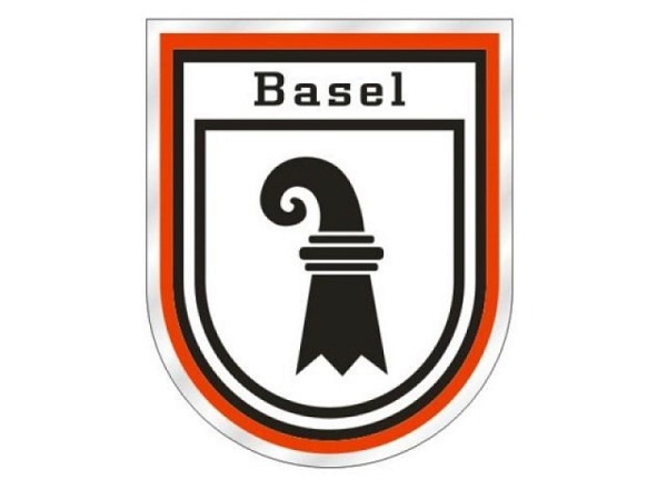 Aufkleber Wappen Basel mit Schriftzug und rotem Rand