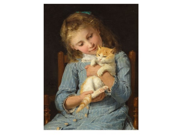 Karte Kunstverlag Anker Albert Mädchen mt Katze 1881