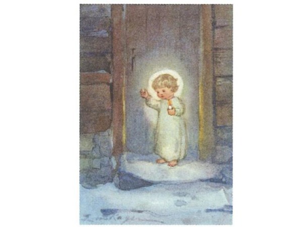 Weihnachtskarte Art Bula kleiner Engel steht vor Holztür