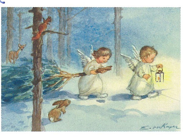 Weihnachtskarte Art Bula zwei Engel ziehen durch den Wald