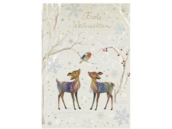 Weihnachtskarte Turnowsky A5 14,8x21cm Frohe Weihnachten bunte Rehe und Rotkehlchen