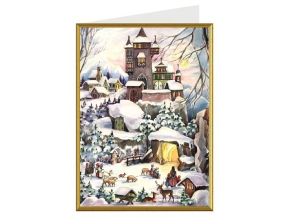 Weihnachtskarte Richard Sellmer Winterlandschaft mit Burg und erleuchtetem Stall