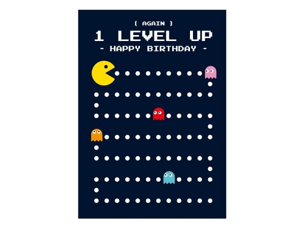 Postkarte Inktvis Pac Man Geburtstag 1 Level Up dunkelblau