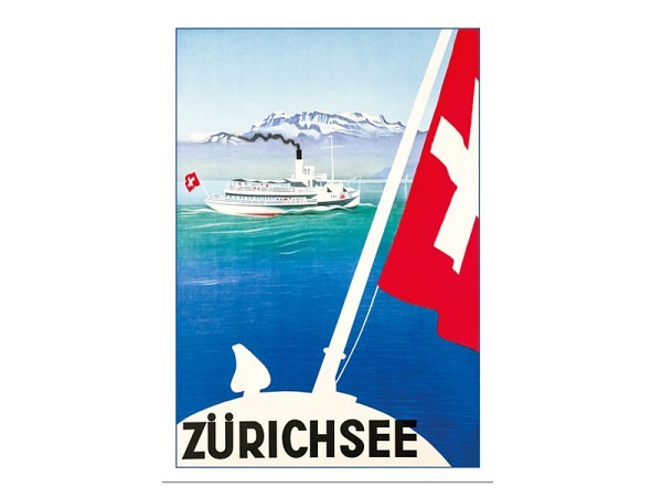 Postkarte Lightmotif Zürichsee Dampfschiff 10,5x14,8cm Retro-Postkarte mit einem Poster von Otto Baumberger 1935