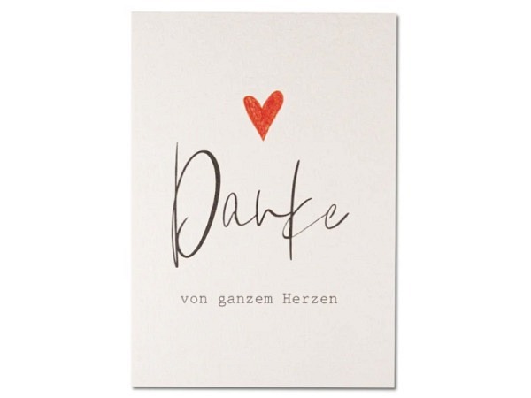 Postkarte Keitcards Danke von ganzem Herzen. Weisse Postkarte aus hochwertigem Naturkarton