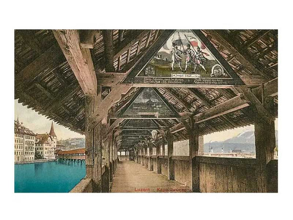 Postkarte Found Image Luzern Kapellbrücke Luzern mit Stadt im Hintergrund
