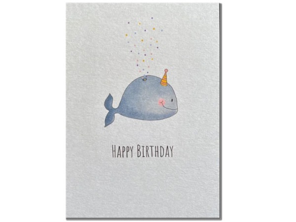 Postkarte Keitcards Happy Birthday. Weisse/Bläuliche Postkarte aus hochwertigem Naturkarton