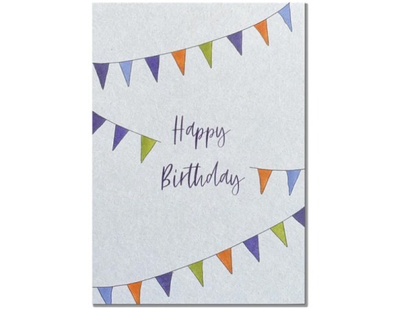 Postkarte Keitcards Happy Birthday. Weisse/Bläuliche Postkarte aus hochwertigem Naturkarton