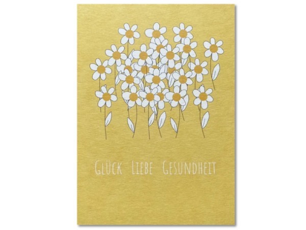 Postkarte Keitcards Glück, Liebe, Gesundheit. Gelbe Postkarte aus hochwertigem Naturkarton