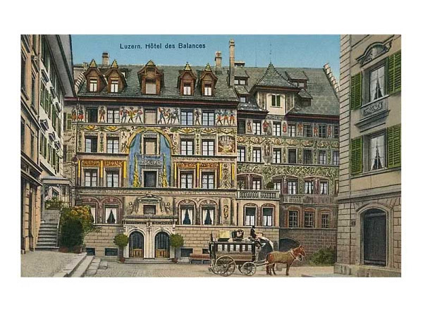 Postkarte Found Image Luzern Hotel des Balances mit Pferdekutsche