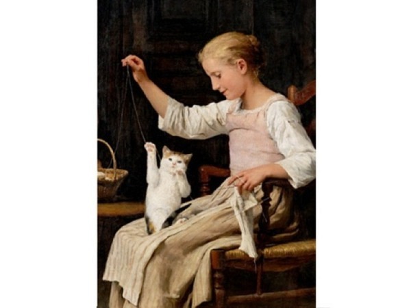 Postkarte Kunstverlag Albert Anker Mädchen mit seiner Katze spielend, 10,5x14,8cm