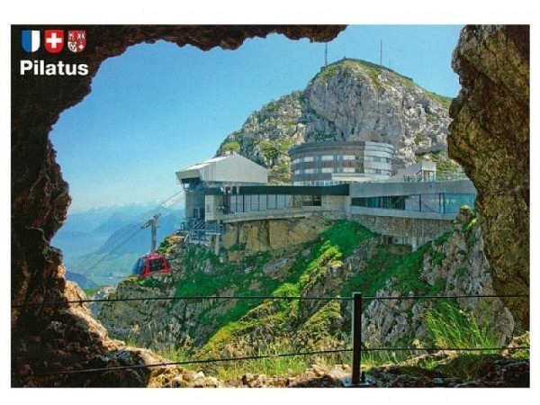 Postkarte Luzern A6, Pilatus Kulm mit Sicht von Hotel und Bergstationen und Luftseilbahn Fräkmüntegg