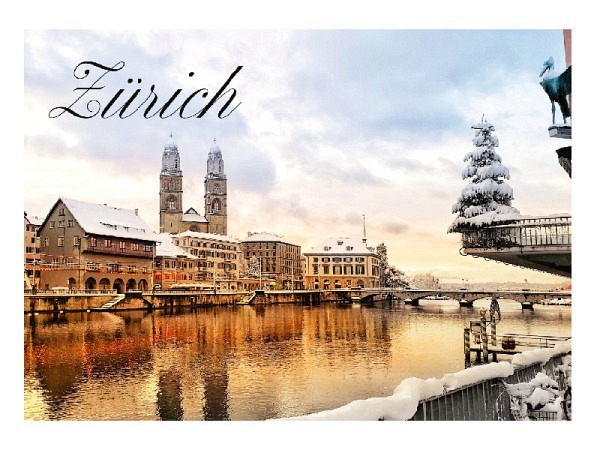 Postkarte Zürich A6 Grossmünster und Limmat im Abendlicht