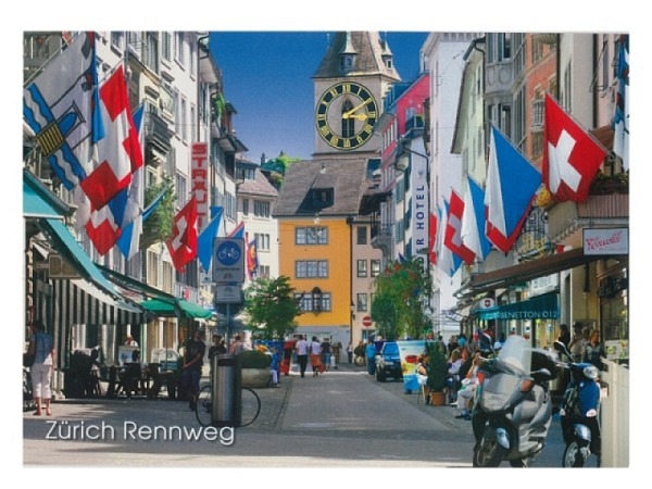 Postkarte Zürich A6 Zürich Rennweg mit Kirche St. Peter