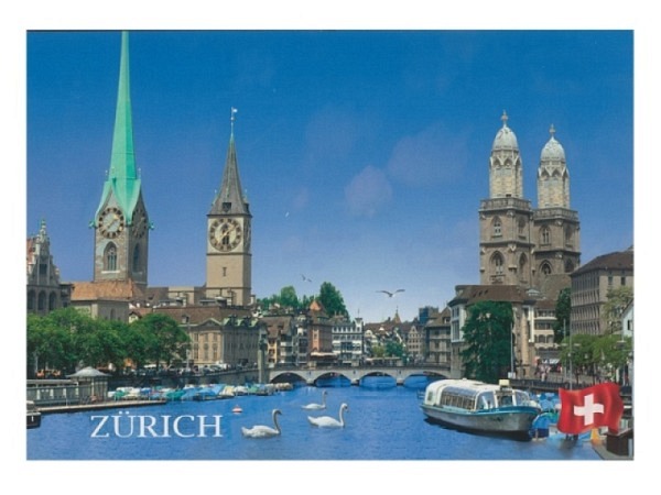 Postkarte Zürich A6 Zürichsee mit Blick auf die 3 Kirchen