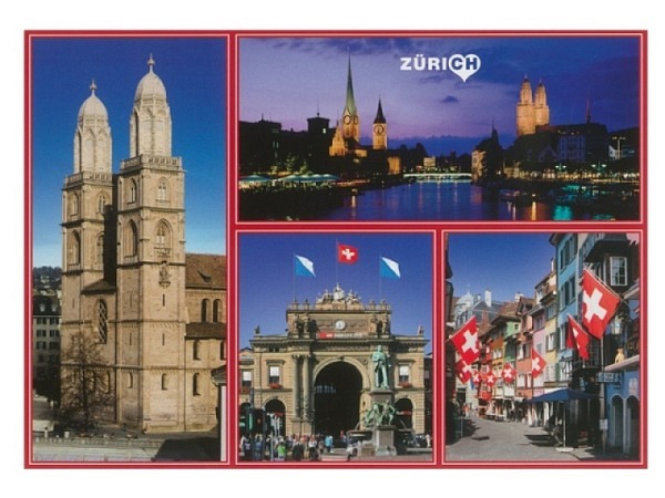 Postkarte Zürich A6 Zürich Grossmünster, Hauptbahnhof und Augustinergasse