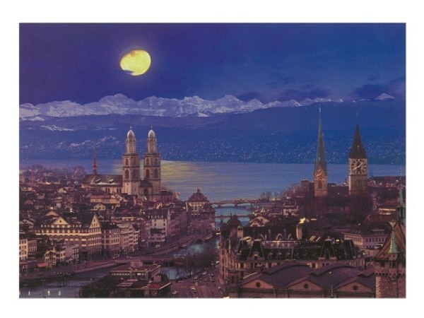 Postkarte Zürich A6 Zürich City bei Mondschein