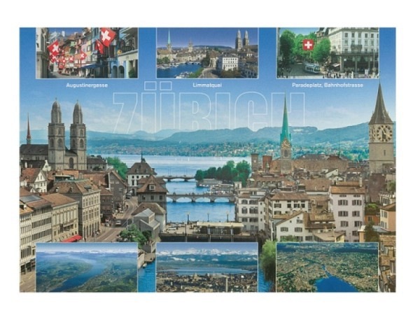 Postkarte Zürich A6 Zürich Skyline, Augustinergasse, Limmatquai und Paradeplatz