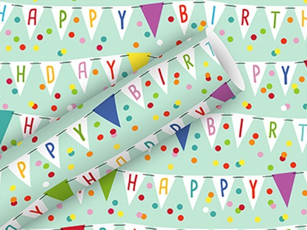 Geschenkpapier Braun&Company Happy Birthday Wimpel softblau 70cmx2m