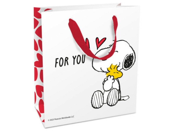 Geschenktasche Braun&Company Snoopy Gross, Snoopy und Woodstock in Umarmung mit Herzen, weisser Hintergrund, Herzen auf den Seiten und rote Henkel, 21x18x8cm perfekt als Geschenk