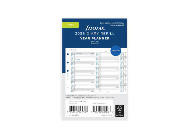 Einlage Filofax Mini Jahresplaner 2028 vertikal englisch
