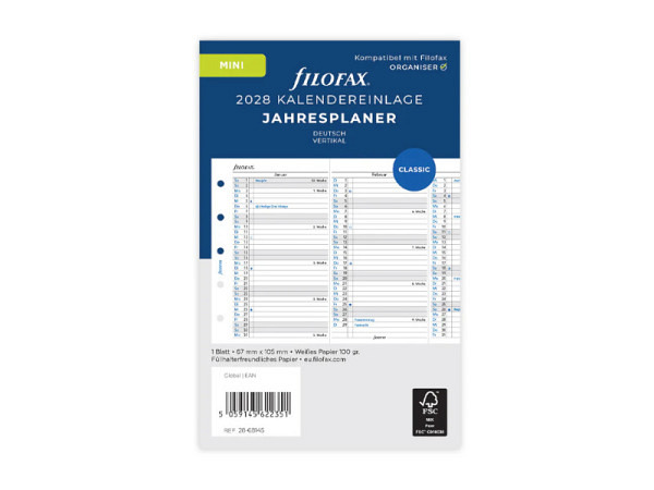 Einlage Filofax Mini Jahresplaner 2028 vertikal deutsch