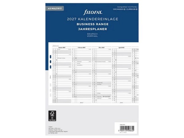 Einlage Filofax A5 Size Jahresplaner 2027 vertikal deutsch Januar-Dezember