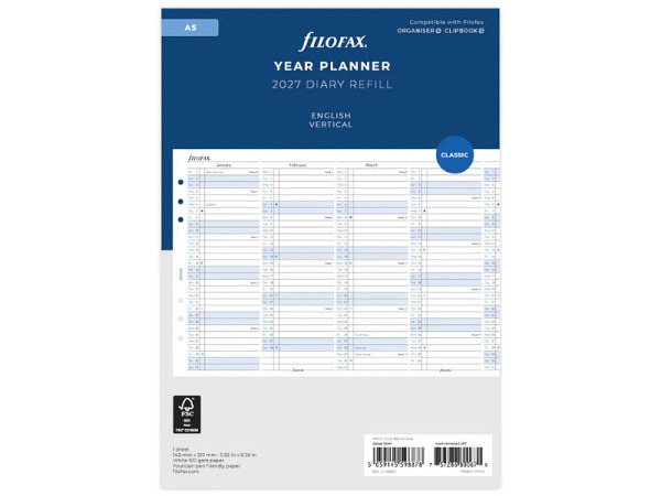 Einlage Filofax A5 Size Jahresplaner 2027 vertikal englisch Januar-Dezember