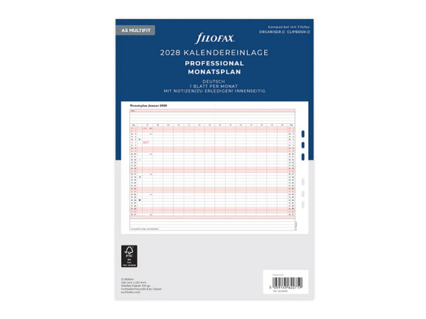 Einlage Filofax A5 Size Monatsplaner Professional 2028 1 Monat auf 2 Seiten