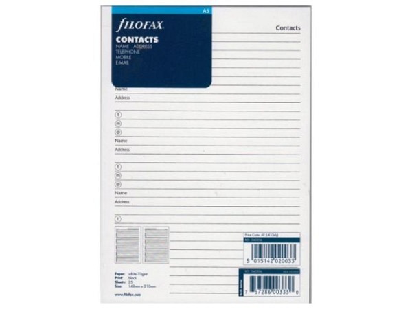 Einlage Filofax A5 Size Notizpapier Adressen/Telefon weiss